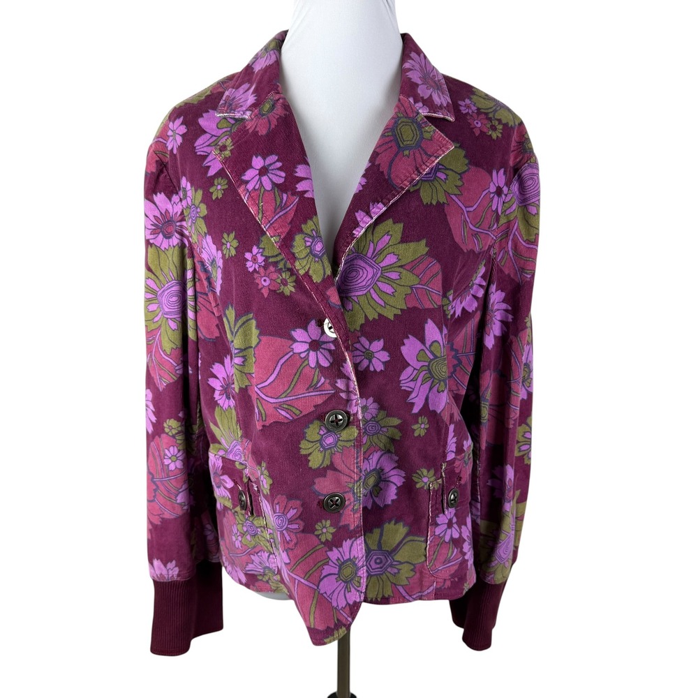 Vintage A Line Women's 18 Purple Floral Corduroy Blazer Jacket Stretch Rib Cuff